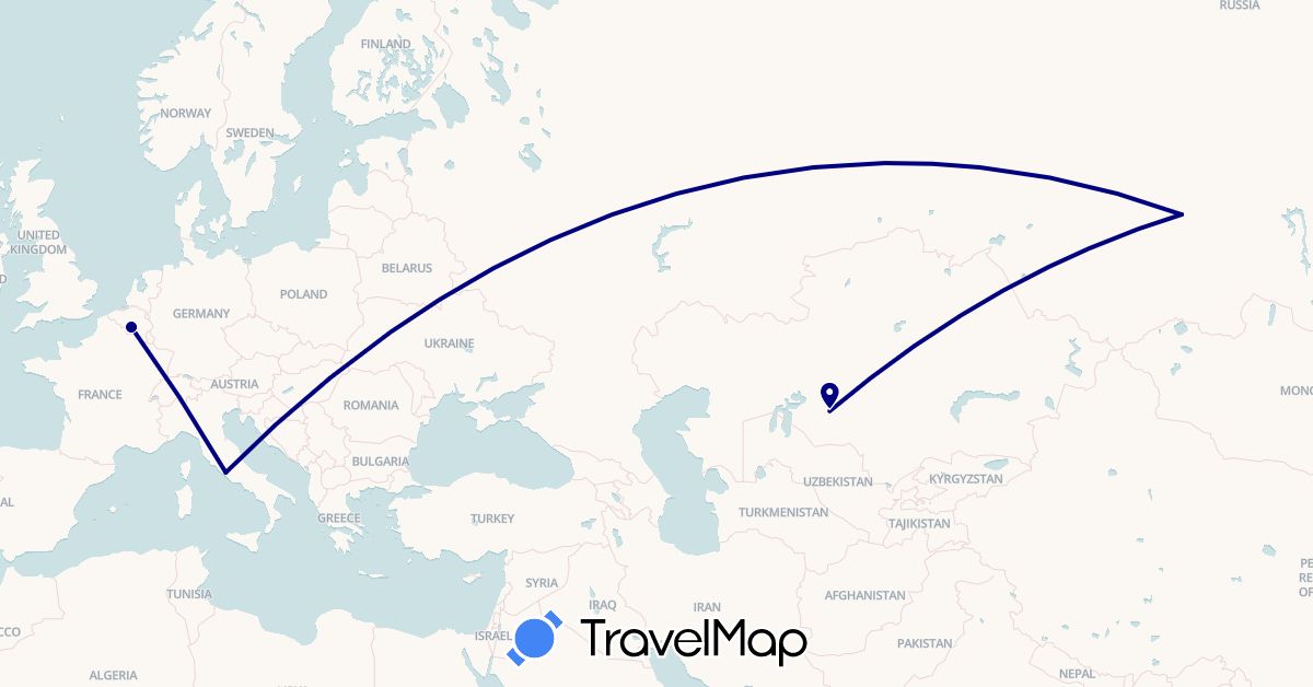 TravelMap itinerary: driving in Belgium, Italy, Kazakhstan, Russia (Asia, Europe)